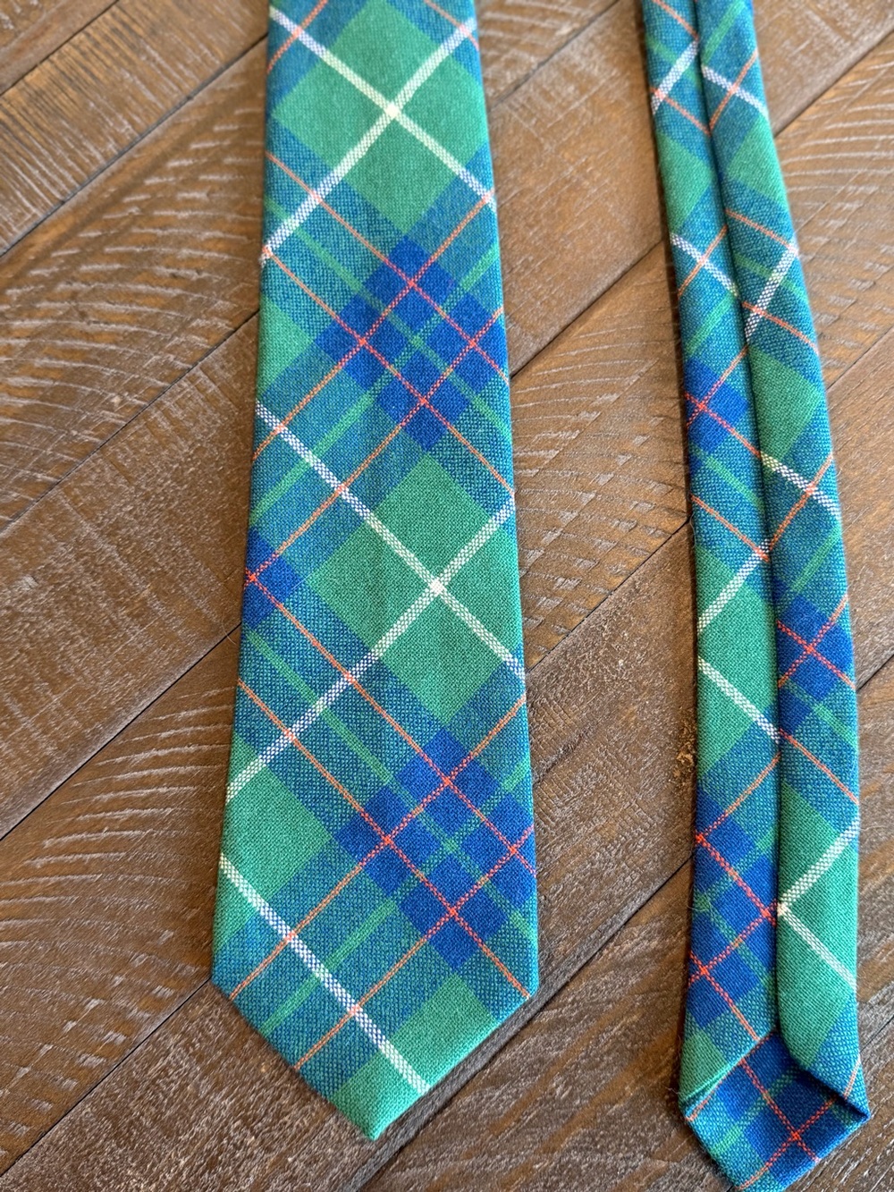 Green Plaid Men's Tie with Blue, White and Orange Accents